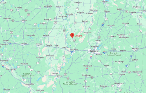 Map showing the location of Onward, Mississippi, near Vicksburg and Jackson, with surrounding areas highlighted.