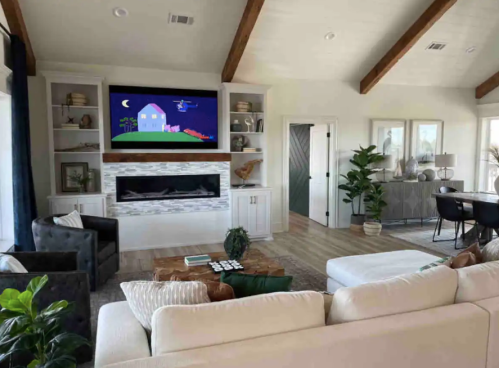 A modern living room with a TV above a fireplace, featuring a sofa, chairs, and decorative plants.