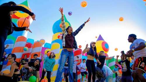 A lively group of people joyfully playing with colorful balls in a vibrant, playful outdoor setting.