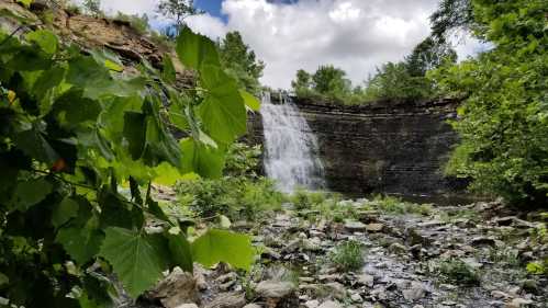 A serene waterfall cascades over rocky cliffs, surrounded by lush greenery and a cloudy sky.