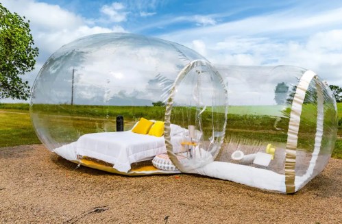 A transparent bubble hotel room with a bed and decor, set in a scenic outdoor landscape.