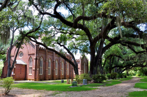 A historic brick church surrounded by large oak trees draped in Spanish moss, set in a serene landscape.