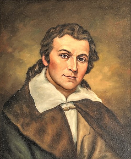 Portrait of a man with long hair, wearing a dark cloak and white collar, set against a warm, muted background.