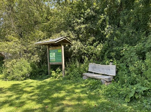 A wooden bench beside a green informational sign, surrounded by lush greenery in a park setting.