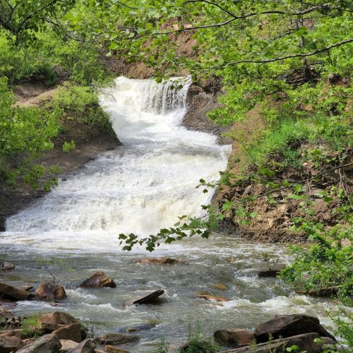 A small waterfall cascades over rocks, surrounded by lush green foliage and trees.
