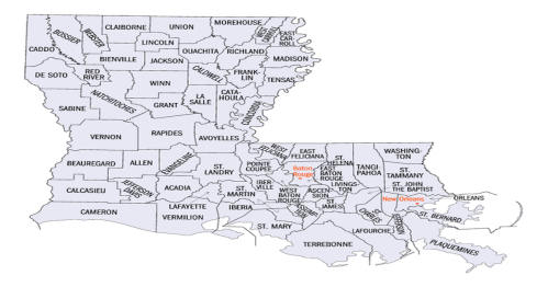 Map of Louisiana showing counties and major cities, including Baton Rouge and New Orleans.