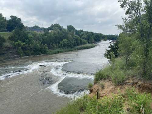 A winding river flows through a lush green landscape under a cloudy sky, with gentle rapids and sandy banks.