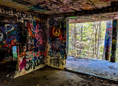 Graffiti-covered walls inside a dilapidated building, with a view of trees through an open doorway.