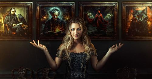 A woman in a dark dress stands confidently, framed by eerie portraits on the wall, evoking a gothic atmosphere.