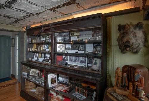 A display case filled with historical photographs and artifacts, alongside a mounted animal head on the wall.
