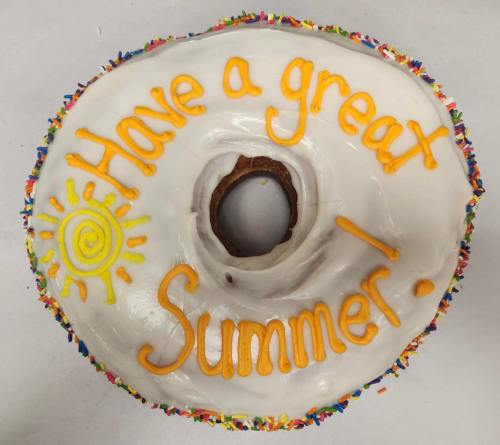 A large donut with white icing, colorful sprinkles, and orange icing that says "Have a great Summer!" with a sun design.
