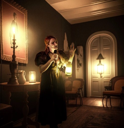 A woman in a dark room holds a lantern, speaking passionately, with warm light illuminating the space around her.