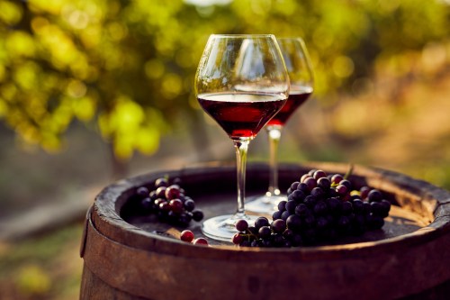 Two glasses of red wine on a wooden barrel, surrounded by fresh grapes, with a vineyard backdrop.