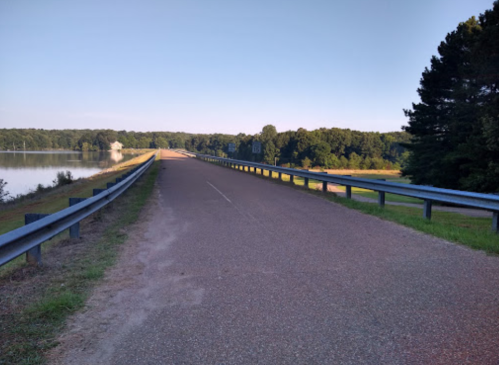 A paved road alongside a calm lake, bordered by trees and a guardrail under a clear blue sky.