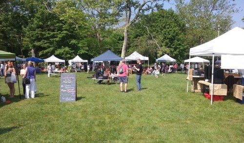 A vibrant outdoor market with tents and people enjoying the sunny day in a green park setting.
