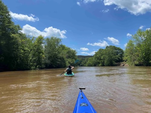 A person kayaking on a calm river surrounded by lush green trees and a bright blue sky with fluffy clouds.