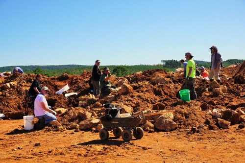 A group of people digging and sifting through dirt and rocks on a sunny day, with trees in the background.