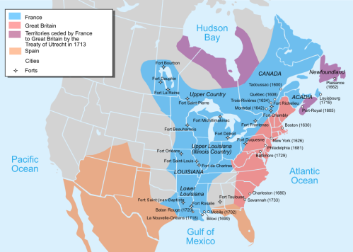 Map showing territorial claims in North America, highlighting areas controlled by France, Great Britain, and Spain, with cities and forts.