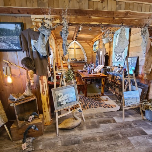 Cozy wooden interior featuring art, clothing, and decor, with a rustic table and warm lighting.