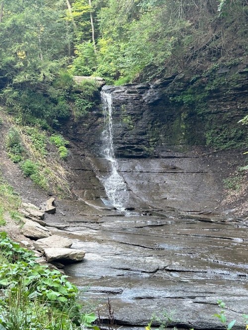A serene waterfall cascading down rocky terrain, surrounded by lush greenery and a tranquil stream below.
