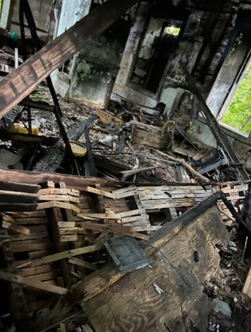 An abandoned, dilapidated room with debris, broken furniture, and overgrown vegetation visible through the windows.