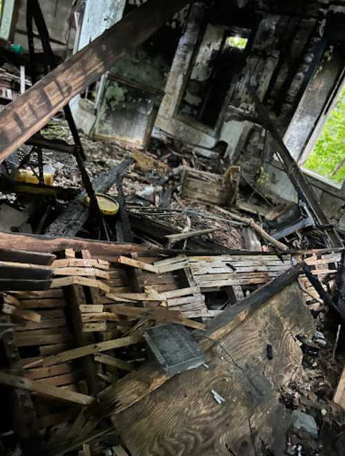 An abandoned, dilapidated room with debris, broken furniture, and overgrown vegetation visible through the windows.