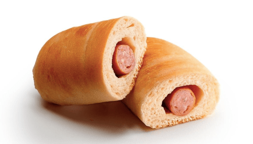 Two golden-brown bread rolls sliced open, revealing a hot dog inside each.