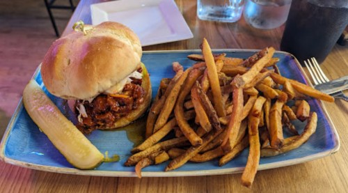 A sandwich with pulled chicken and BBQ sauce, served with a side of crispy fries and a pickle on a blue plate.