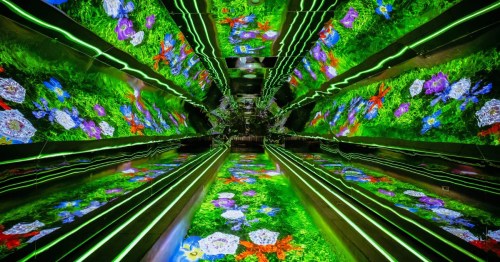 A vibrant, mirrored tunnel with glowing green grass and colorful flowers, creating a surreal, immersive experience.