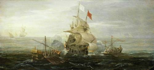 A historical naval battle scene with ships engaged in combat on turbulent waters under a cloudy sky.