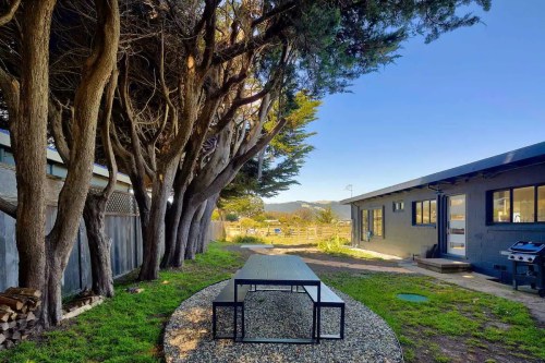 A serene outdoor space featuring a long table surrounded by trees, with a modern building in the background.