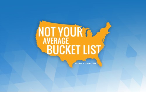 Map of the USA with the text "Not Your Average Bucket List" in bold orange, set against a blue background.