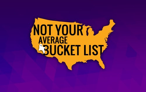Map of the USA with the text "Not Your Average Bucket List" in bold, orange letters on a purple background.