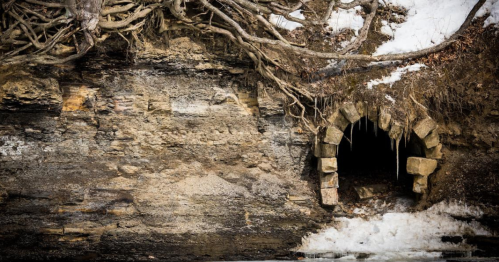 A stone archway entrance to a cave, surrounded by snow and tree roots on a rocky wall.