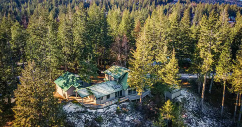 Aerial view of a modern house surrounded by tall evergreen trees and a snowy landscape.