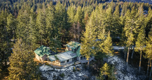 Aerial view of a modern house surrounded by tall evergreen trees and a snowy landscape.