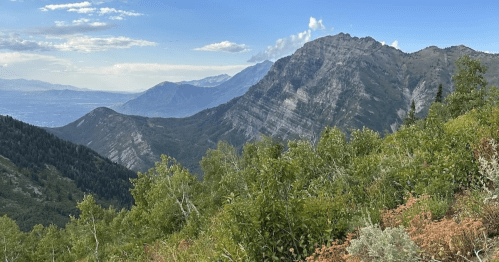 A scenic view of rugged mountains and lush greenery under a blue sky with scattered clouds.