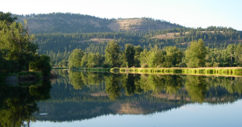 A serene lake reflecting lush trees and mountains under a clear sky.