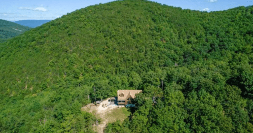 Aerial view of a cabin nestled in a lush green forested hillside under a clear blue sky.