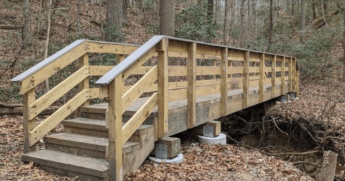 A wooden bridge with railings spans a small ravine, surrounded by trees and fallen leaves.