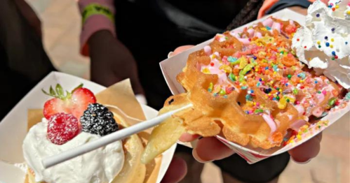 Two desserts: one with whipped cream and berries, the other a waffle topped with frosting and colorful sprinkles.