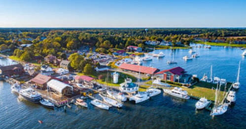 Aerial view of a marina with boats, waterfront buildings, and lush greenery under a clear blue sky.