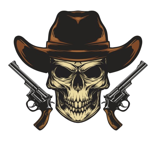 Vector illustration of a cowboy skull holding two guns, premium design.