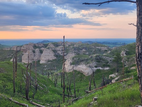 A scenic view of rolling hills and eroded formations under a colorful sunset, with charred trees in the foreground.