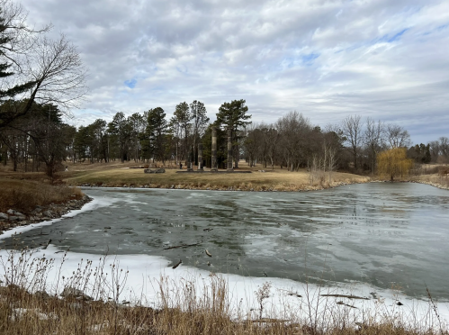 A frozen pond with patches of ice, surrounded by trees and a grassy area under a cloudy sky.