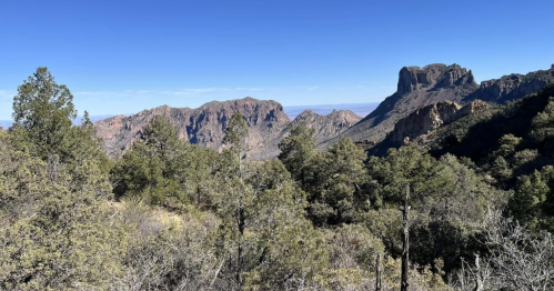 A scenic view of rugged mountains and trees under a clear blue sky.