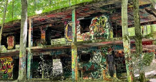 Graffiti-covered ruins of a building surrounded by trees in a forested area.