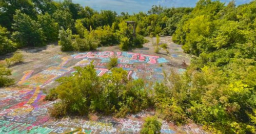 A vibrant, overgrown area covered in colorful graffiti and surrounded by lush greenery under a clear blue sky.