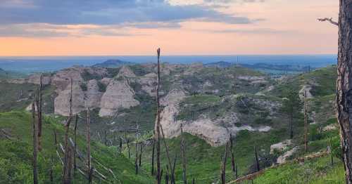 A scenic view of rugged hills and cliffs under a colorful sunset, with green vegetation and charred tree stumps in the foreground.