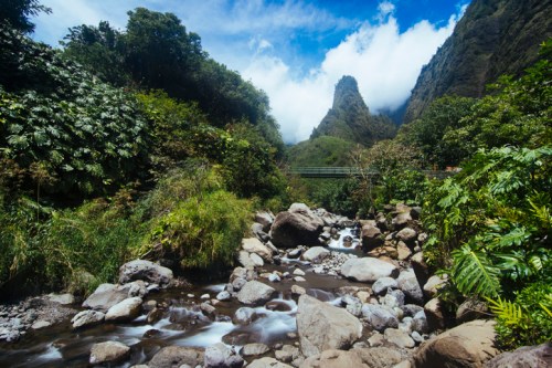 A serene landscape featuring a rocky stream, lush greenery, and towering mountains under a blue sky with clouds.